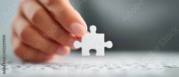 Obraz Assembling the last piece of a jigsaw puzzle a closeup of a hand fitting a blank white piece into a background frame for accomplishment and completion strategy