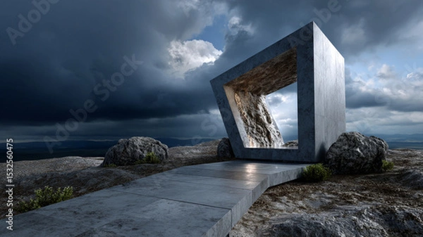 Obraz Monolithic concrete structure with waterfall inside stands on rocky terrain under dramatic cloudy sky, evoking sense of freedom and awe