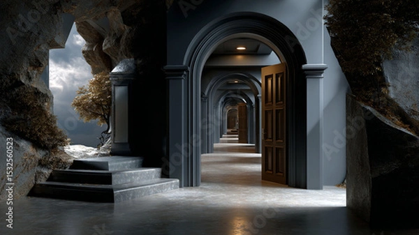 Fototapeta Surreal hallway with infinite doors and arches extends into distance, blending natural cave elements with architectural design mysterious setting