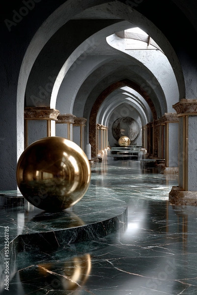 Obraz Luxurious architectural space with marble floors, arched ceilings, and reflective golden spheres creating sense of wonder and elegance