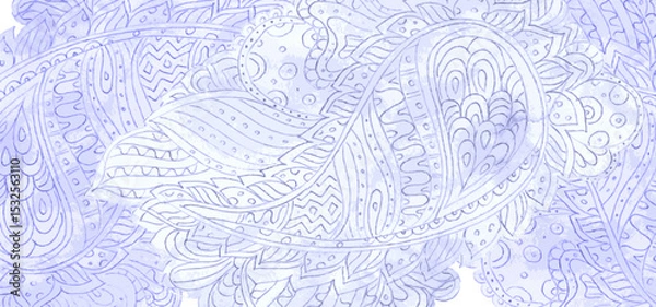 Fototapeta banner with monochrome abstract doodle watercolor painting. card with watercolour blue arabesque. background of ethnic handmade ornament