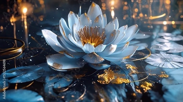 Fototapeta Beautiful flowers created with painted paints and gold leaf, ultra-realistic and highly detailed. Surreal, fantastical, cinematic feel. Harmonious color palette and magical composition.