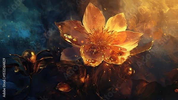 Fototapeta Beautiful flowers created with painted paints and gold leaf, ultra-realistic and highly detailed. Surreal, fantastical, cinematic feel. Harmonious color palette and magical composition.