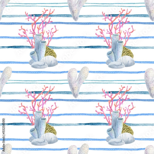 Obraz Watercolor seamless pattern with coral reef and sea anemones on sea stripes. Marine striped pattern, summer design. Ideal for summer textiles, wallpapers and beach themes.