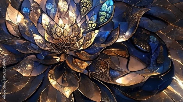 Fototapeta Beautiful flowers created with painted paints and gold leaf, ultra-realistic and highly detailed. Surreal, fantastical, cinematic feel. Harmonious color palette and magical composition.