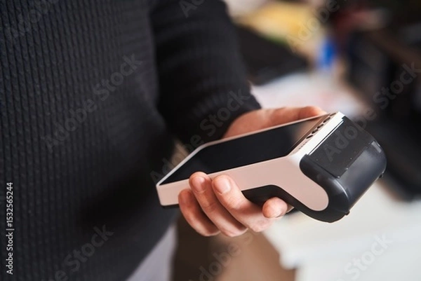 Obraz Bank terminal for contactless payment. Acquiring. Young man holds a terminal in his hands.