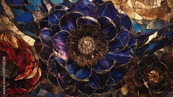 Fototapeta Beautiful flowers created with painted paints and gold leaf, ultra-realistic and highly detailed. Surreal, fantastical, cinematic feel. Harmonious color palette and magical composition.