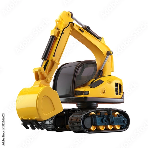 Fototapeta Detailed 3D icon of a compact simplified yellow excavator with a long arm and bucket mounted on black tracks against a clean white background