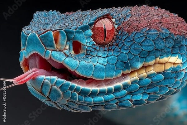 Obraz Blue Viper Snake Striking Tongue with Intense Red Eyes in Nature 