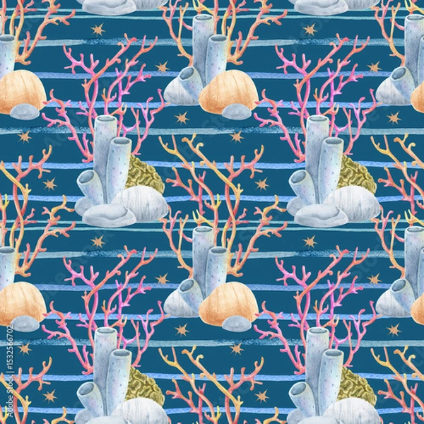 Obraz Watercolor seamless pattern with coral reef and sea anemones on sea stripes. Marine striped pattern, summer design. Ideal for summer textiles, wallpapers and beach themes.