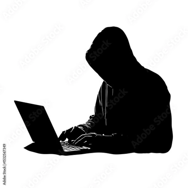 Fototapeta vector silhouette of a hacker at a laptop .Generative AI