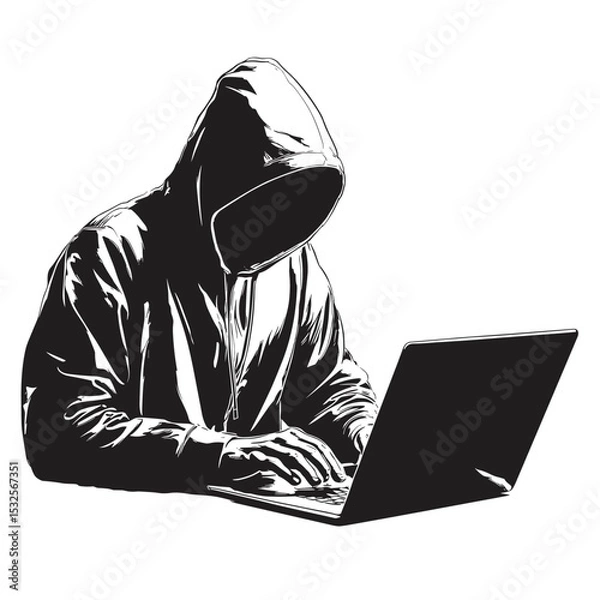 Fototapeta vector silhouette of a hacker at a laptop .Generative AI