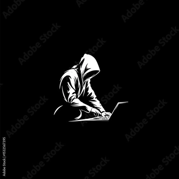 Fototapeta vector silhouette of a hacker at a laptop .Generative AI
