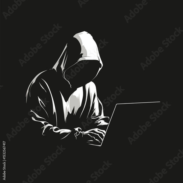 Fototapeta vector silhouette of a hacker at a laptop .Generative AI