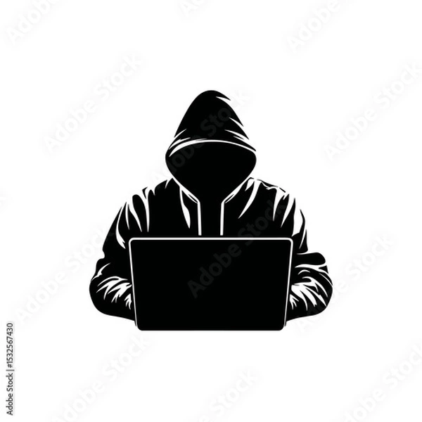 Fototapeta vector silhouette of a hacker at a laptop .Generative AI