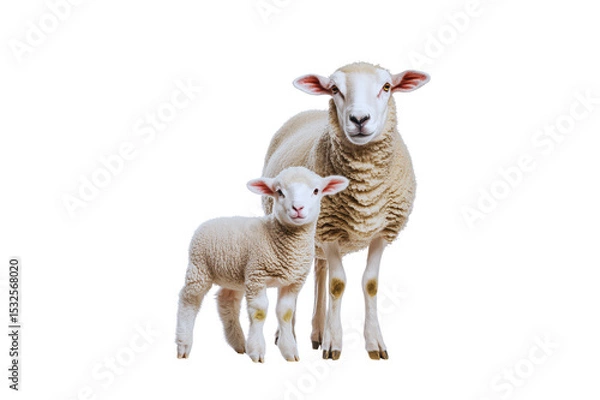 Fototapeta Adult ewe and her lamb standing together against a transparent background A charming image of domestic sheep