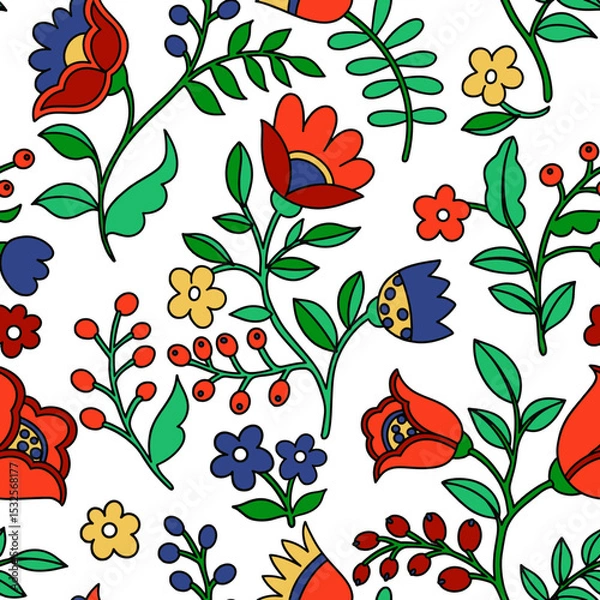 Fototapeta Seamless pattern of abstract fantasy flowers in folk style. Vector illustration in doodle style