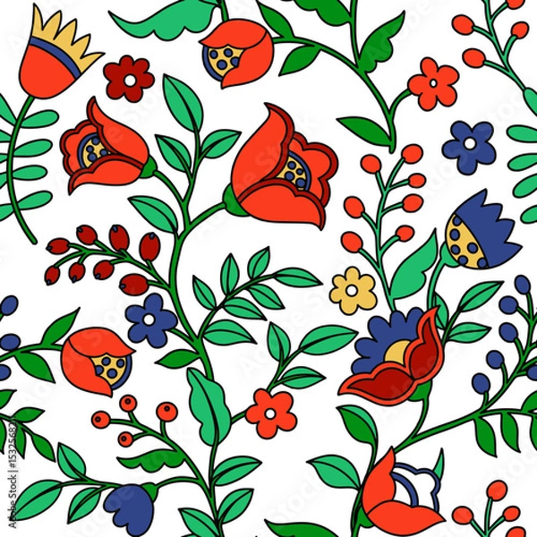 Fototapeta Seamless pattern of abstract fantasy flowers in folk style. Vector illustration in doodle style
