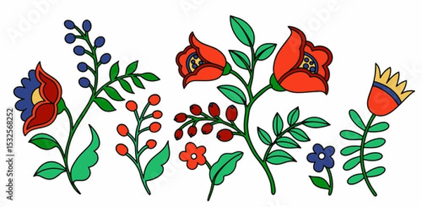 Fototapeta Set of abstract fantasy flowers, berries and leaves in folk style. Vector illustration in doodle style