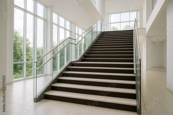 Fototapeta Modern indoor staircase with glass railings in bright minimalist building featuring large windows and natural daylight