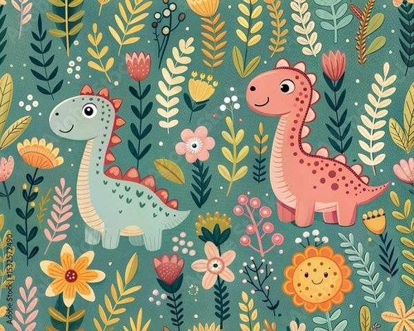 Fototapeta Seamless Pattern with Cute Colorful Dinosaurs – Fun Dinosaurs Animal Illustration for Kids and Nursery Wall Art Background, Textile or Fabric Prints