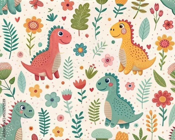 Fototapeta Seamless Pattern with Cute Colorful Dinosaurs – Fun Dinosaurs Animal Illustration for Kids and Nursery Wall Art Background, Textile or Fabric Prints