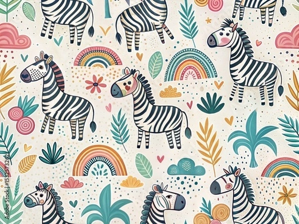 Fototapeta Seamless Pattern with Cute Colorful Zebra. Hand Drawn Animal Background Illustration for Kids and Nursery Design