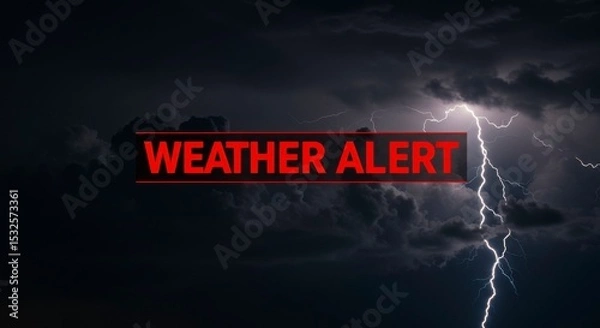 Fototapeta Urgent warning Severe thunderstorm with lightning strikes imminent. Seek shelter immediately