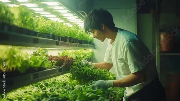 Fototapeta Growing herbs indoors under artificial light with care and attention.