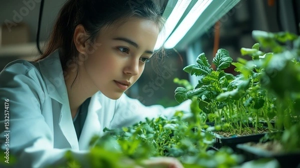 Fototapeta Scientist nurturing plants under grow lights in a lab setting.