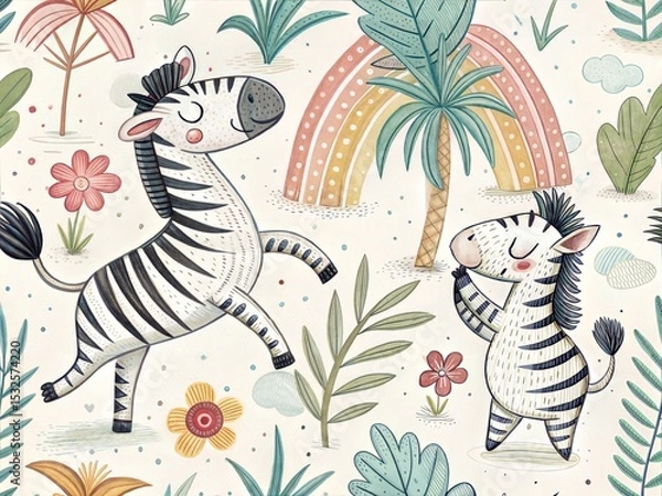 Fototapeta Seamless Pattern with Cute Colorful Zebra. Hand Drawn Animal Background Illustration for Kids and Nursery Design