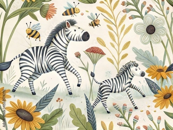 Fototapeta Seamless Pattern with Cute Colorful Zebra. Hand Drawn Animal Background Illustration for Kids and Nursery Design