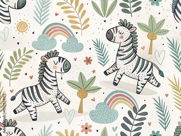 Fototapeta Seamless Pattern with Cute Colorful Zebra. Hand Drawn Animal Background Illustration for Kids and Nursery Design