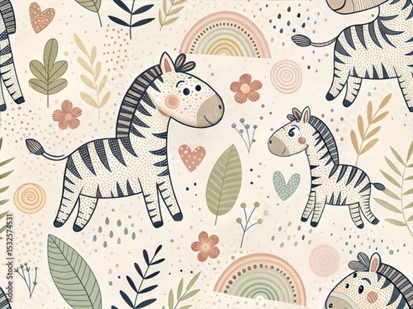 Fototapeta Seamless Pattern with Cute Colorful Zebra. Hand Drawn Animal Background Illustration for Kids and Nursery Design