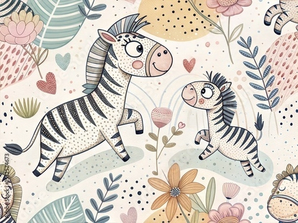 Fototapeta Seamless Pattern with Cute Colorful Zebra. Hand Drawn Animal Background Illustration for Kids and Nursery Design