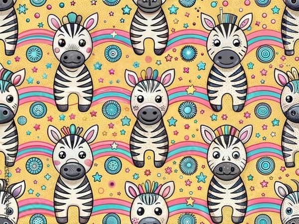 Fototapeta Seamless Pattern with Cute Colorful Zebra. Hand Drawn Animal Background Illustration for Kids and Nursery Design