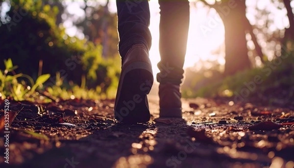 Fototapeta Person walking path, golden light
