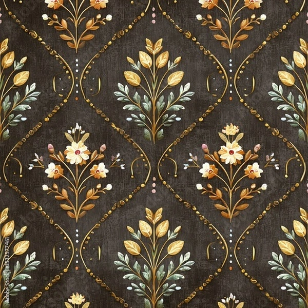 Fototapeta Elegant floral pattern on dark fabric background.