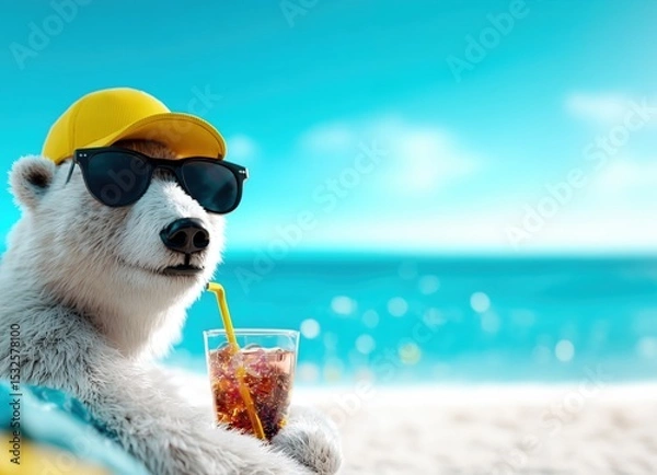 Obraz Entspannter Eisbär mit kühlem Getränk am Strand