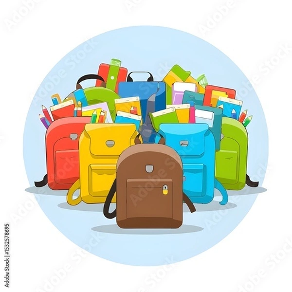 Fototapeta A collection of school backpacks are piled on top of each other