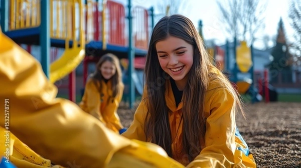 Fototapeta Children playing joyfully on a playground in bright yellow rain gear.
