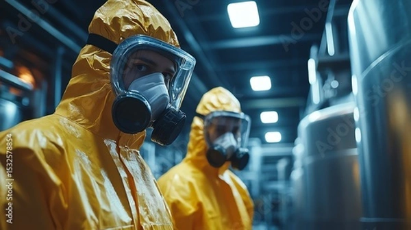 Fototapeta Protective workers in yellow suits and masks in an industrial setting.
