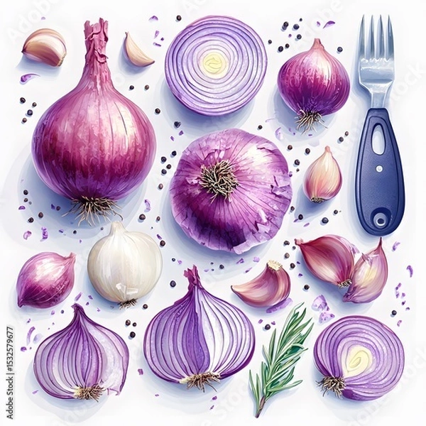 Fototapeta Vibrant Flat Design Hand-Drawn Onions and Shallots Vector Art with Detailed Sliced Vegetable Forms on a Transparent Canvas