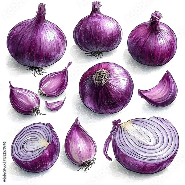 Fototapeta Vibrant Flat Design Hand-Drawn Onions and Shallots Vector Art with Detailed Sliced Vegetable Forms on a Transparent Canvas