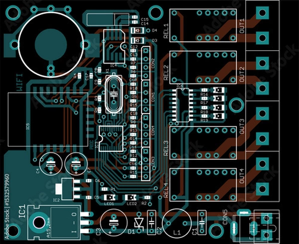 Obraz Vector printed circuit board of electronic 
device with components of radio elements, 
conductors, contact pads placed on pcb. 
Engineering technical drawing. Pcb pattern. 
Electric background. 