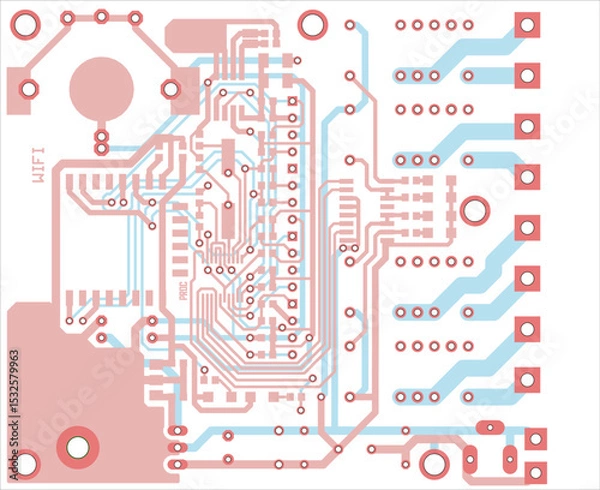 Obraz Tracing conductors of printed circuit board
of electronic device. Vector engineering 
drawing of pcb. Electric background.
Computer technic cad design.