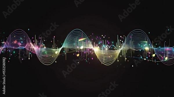 Fototapeta Colored audio waveform on black background, showcasing various colors and shapes as an AI technology example capturing sounds to digitally represent human emotion.
