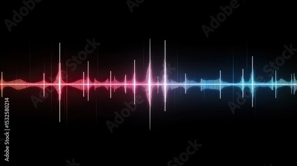 Fototapeta Colored audio waveform on black background, showcasing various colors and shapes as an AI technology example capturing sounds to digitally represent human emotion.