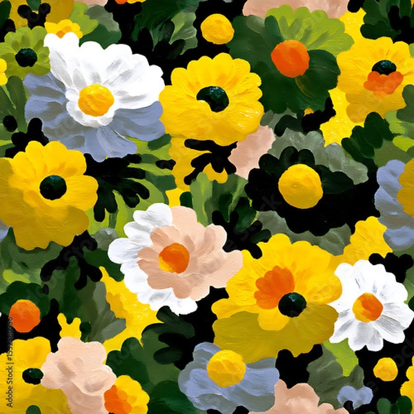 Fototapeta A vibrant, hand-painted seamless floral pattern featuring yellow, white, and peach blooms with bold green foliage on a deep black background. Perfect for fabric prints, bold packaging, wall art