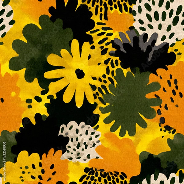 Fototapeta A vibrant, hand-painted seamless floral pattern featuring yellow, white, and peach blooms with bold green foliage on a deep black background. Perfect for fabric prints, bold packaging, wall art